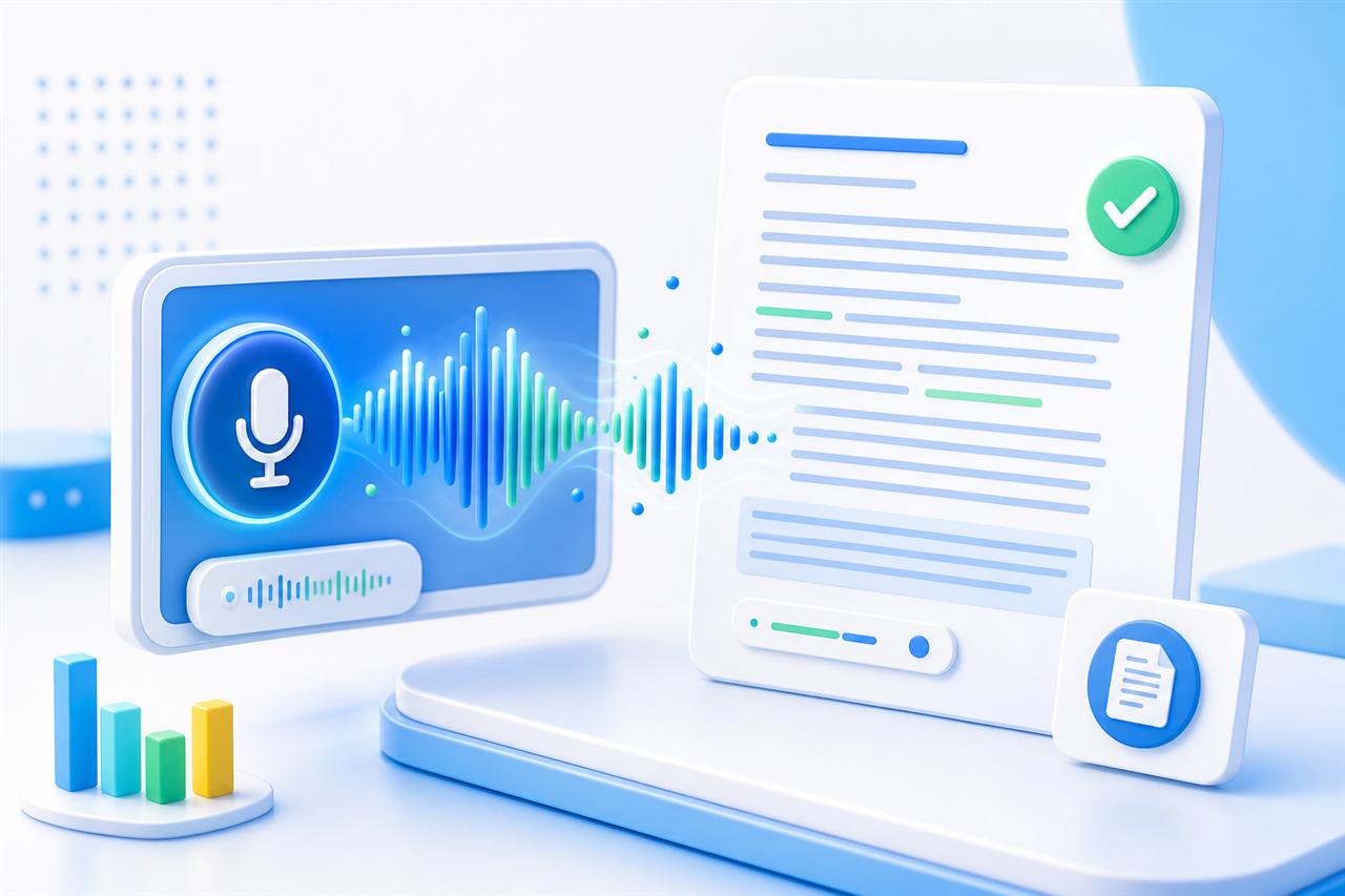 Audio waveform turning into a written transcript